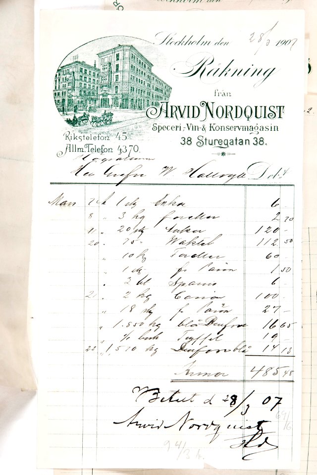 Kvitto från Arvid nordquist - Hallwylska museet - 87028