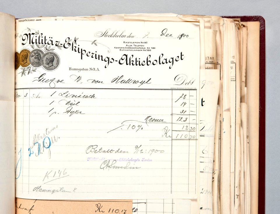 Kvitto från Militära-Ekiperings-Aktiebolaget - Hallwylska museet - 89079