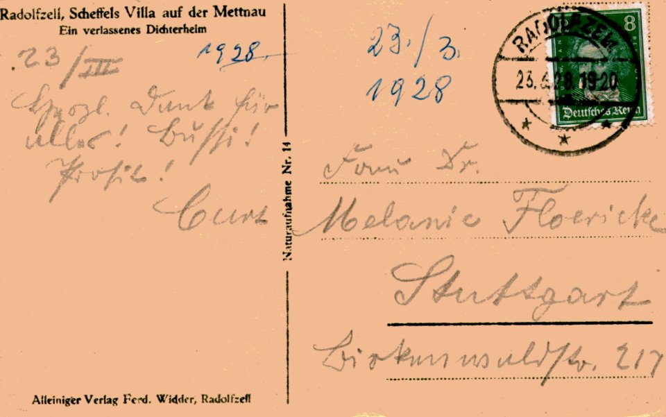 Kurt Floericke - 23.3.1928 Radolfzell-Scheffelschlösschen-Süddeutsche Vogelwarte e.V