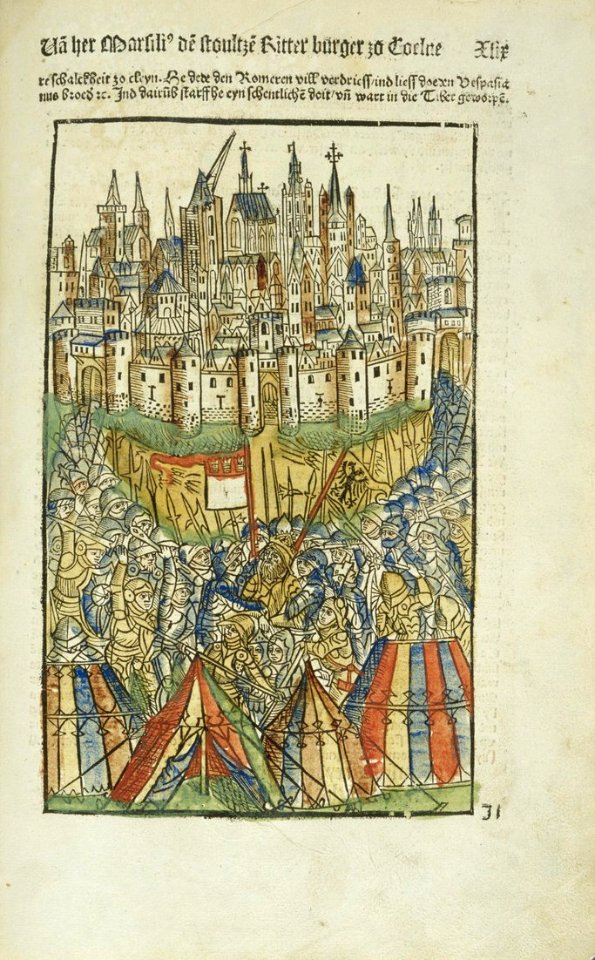 Köln - Koelhoffsche Chronik Marsilius im Kampf gegen die Römer vor den Toren Kölns, 1499, RB