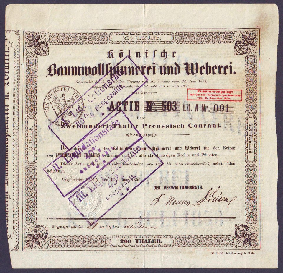 Kölnische Baumwollspinnerei und Weberei 1856