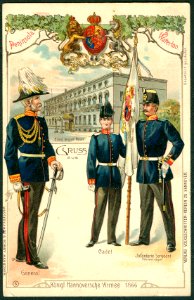 Königl. Hannoversche Armee 1866 (Verlag Volksschriften-Verein zu Hannover) 05 Bildseite Ernst August Palais Uniformen General Cadet Infanterie-Sergeant Fahnenträger, Lithographie Wasserkampf & Robby