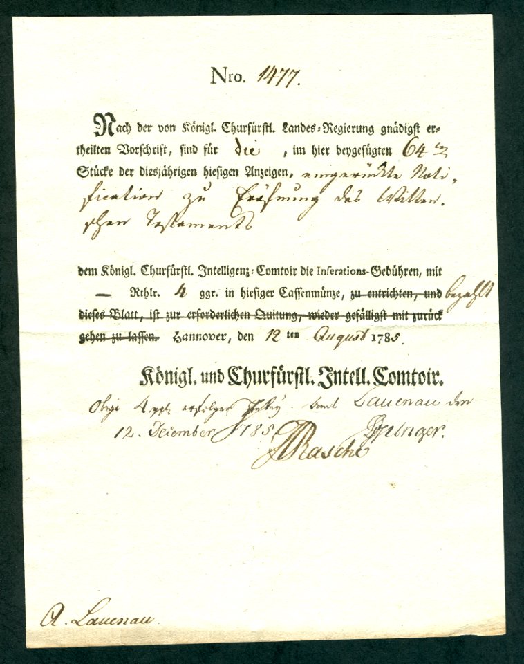 Königliches und Churfürstliches Intelligenz-Comptoir, Amt Lauenau, J. Rasche, Quittung Inserationsgebühren Nro. 1477 1785-12-12