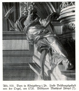 Königsberg, Dom, Orgel, linke Brüstungsgestalt, um 1720, Bildhauer Matthias Pörtzel (zugeschrieben)