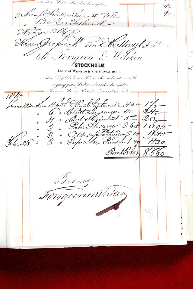 Kvitto från Stockholm Lager af Winer och Spirituosa - Hallwylska museet - 87030