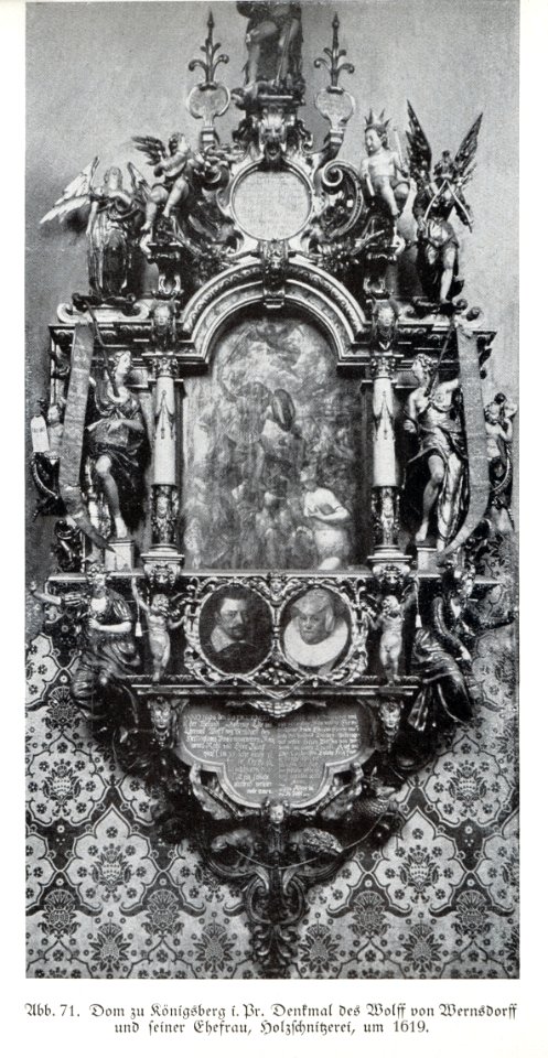 Königsberg, Dom, Denkmal des WOLFF von WERNSDORFF (gest. 20. Dezember 1606 in Königsberg) und Frau Esther. Gemälde Kampf d. christlichen Tugendritters mit d. Todsünden., Maler Anton Möller, Bildhauer Alexander Krause, 1606