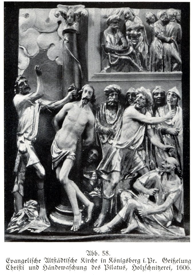 Königsberg, Evangelische Altstädtische Kirche, Hauptgeschoss - Seitenteil, links unten, Geißelung Christi und Händewaschung des Pilatus
