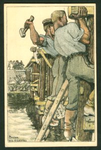 Künstlerpostkarte Walter Georgi 1915 Feldpost Pioniere beim Brückenbau H. Bahlsens Keksfabrik Hannover
