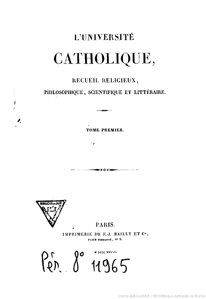 L'Université catholique revue religieuse Tome1 1836