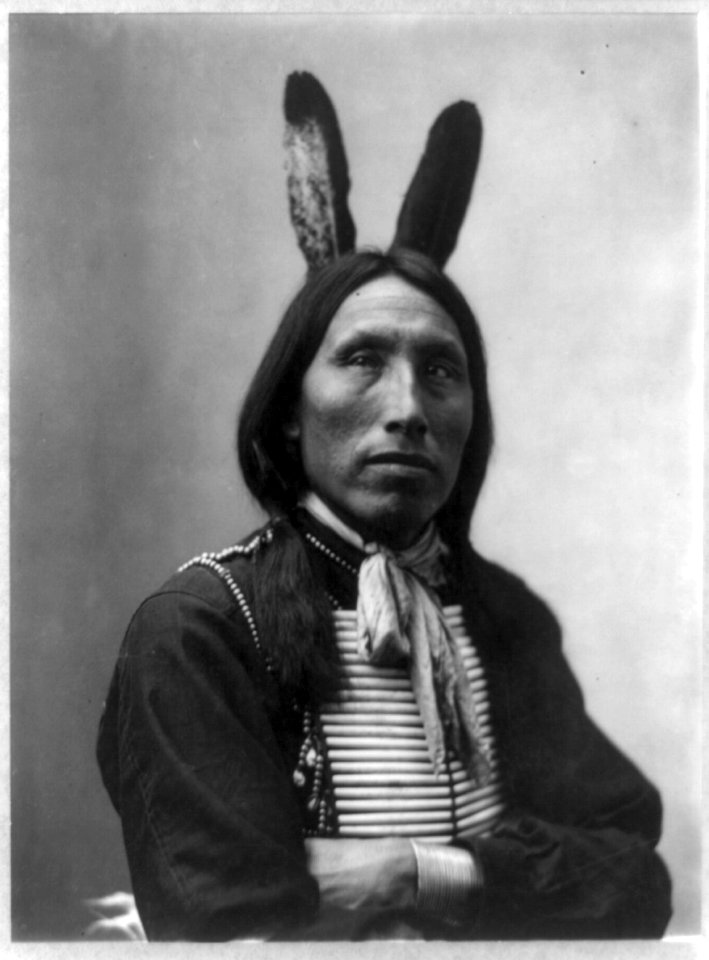 James Lone Elk, Dakota Indian, half-length portrait, facing left with arms folded; wearing bone breast plate and feathers in hair LCCN92509834