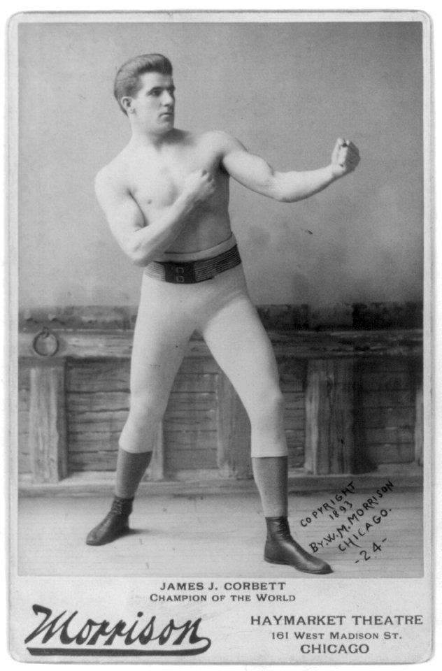 James John Corbett, 1866-1933, full length, standing, bare chested, fists raised, facing right. Boxer LCCN2005679749