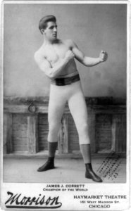 James John Corbett, full-length portrait, standing, facing right; with fists raised LCCN96513902