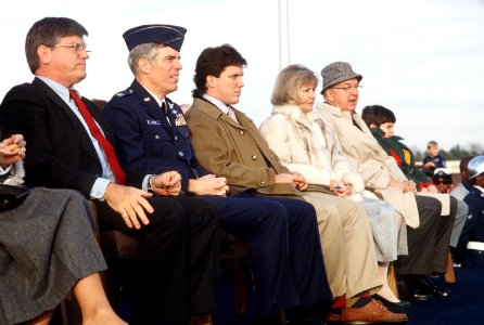 James Martin, Norman Rathje, Lynn McFalls, and Jesse Helms wait for the arrival of J.O. McFalls III