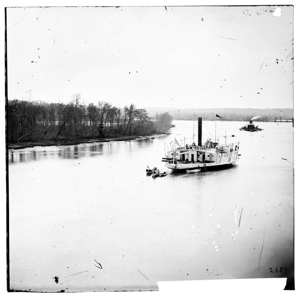James River, Virginia. Gunboat COMMODORE PERRY and monitor on James River LOC cwpb.02180