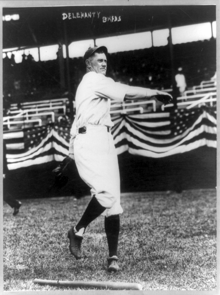 James Christopher Delahanty, baseball second baseman, full-length portrait, facing right, in uniform of the Brooklyn Feds, throwing baseball LCCN90706213
