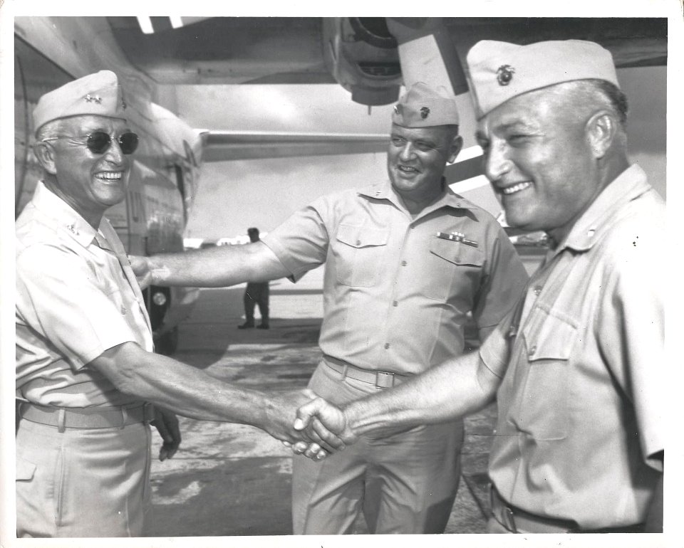 James M. Masters, Henry W. Buse Jr. and John H. Masters during change of command ceremony on Okinawa