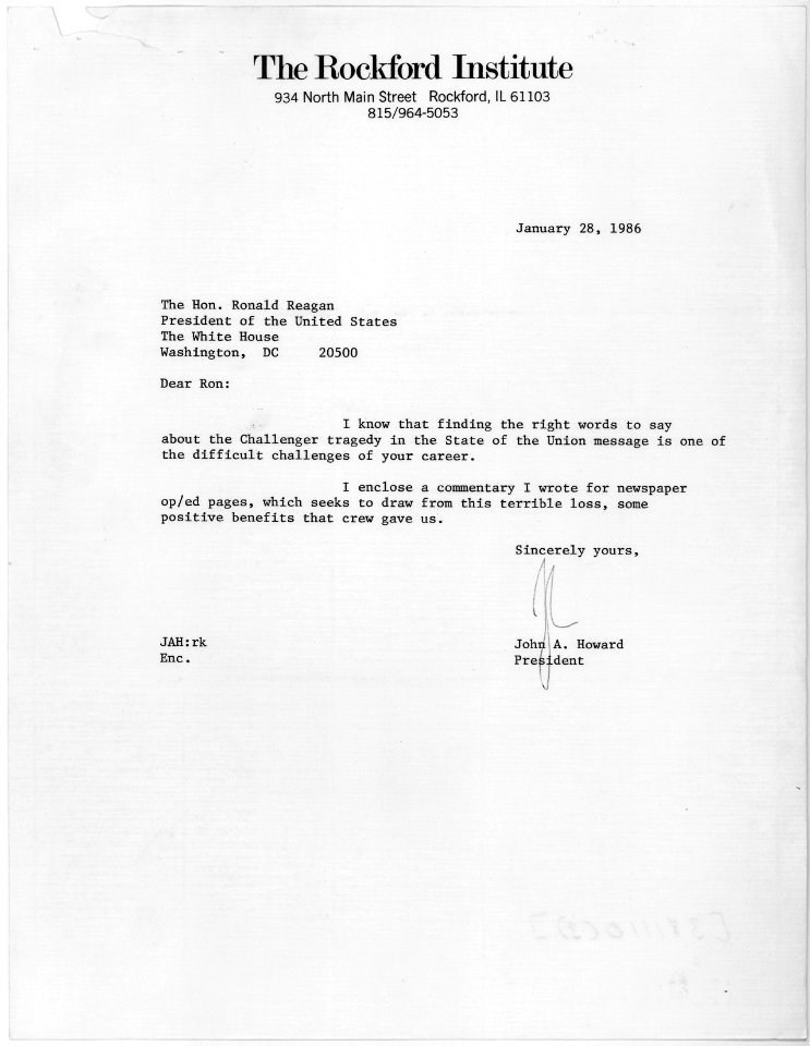 January 28, 1986 letter from John A. Howard to Ronald Reagan, regarding Howard's column on the Space Shuttle... - NARA - 198445