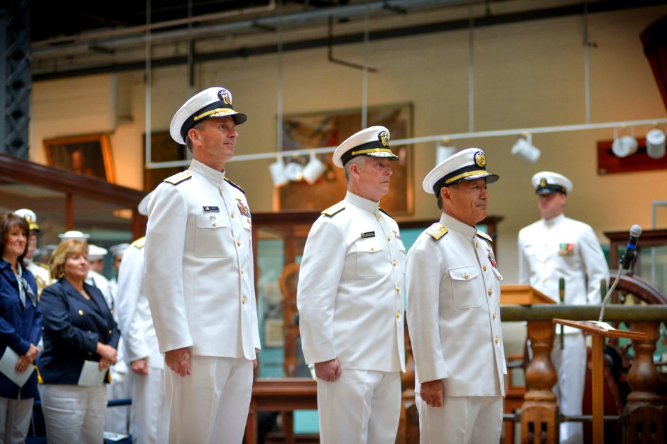 Japan Maritime Self-Defense Force (JMSDF) Adm. Katsutoshi Kawano, right, the JMSDF chief of staff, and U.S. Navy Chief of Naval Operations Adm. Jonathan Greenert, left, stand together during a full honors 120828-N-WL435-117
