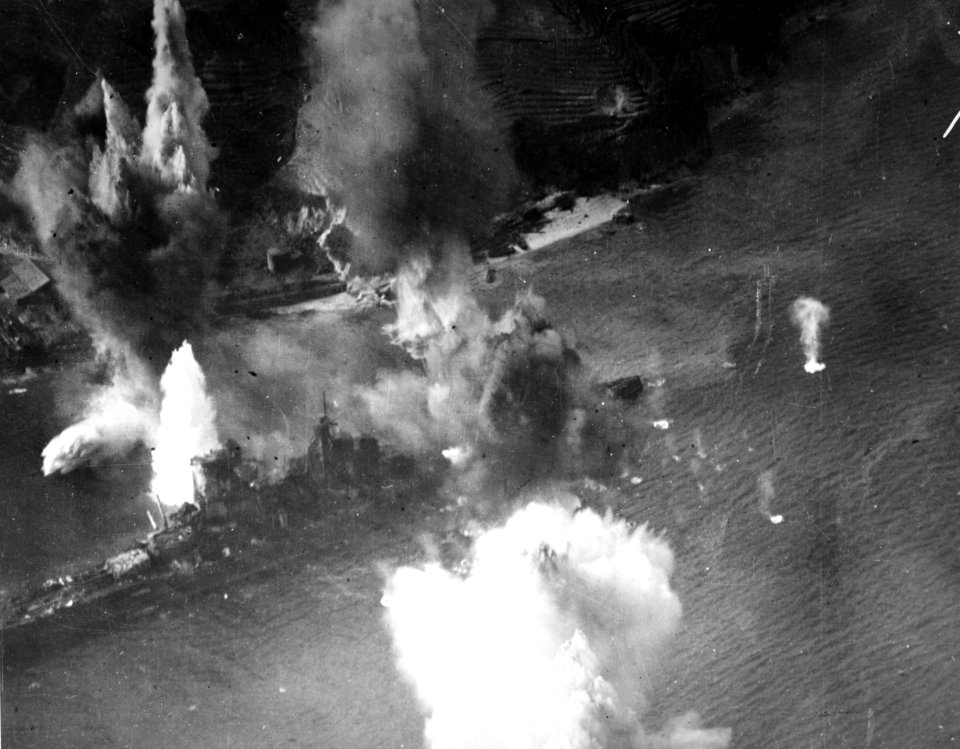 Japanese battleship Haruna under attack on 28 July 1945 (80-G-490224)