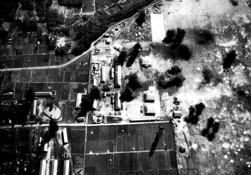 Japanese air base under attack by U.S. Navy aircraft, in 1945