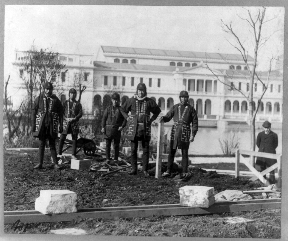 Japanese carpenters and stone masons in distinctive native attire starting to construct Japanese Pavilion at World Columbian Exposition, Chicago, 1893- posed on site of construction LCCN2005675980