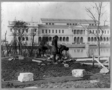 Japanese carpenters and stone masons in distinctive native attire starting to construct Japanese Pavilion at World's Columbian Exposition, Chicago, 1893- Laying foundation LCCN2005675981