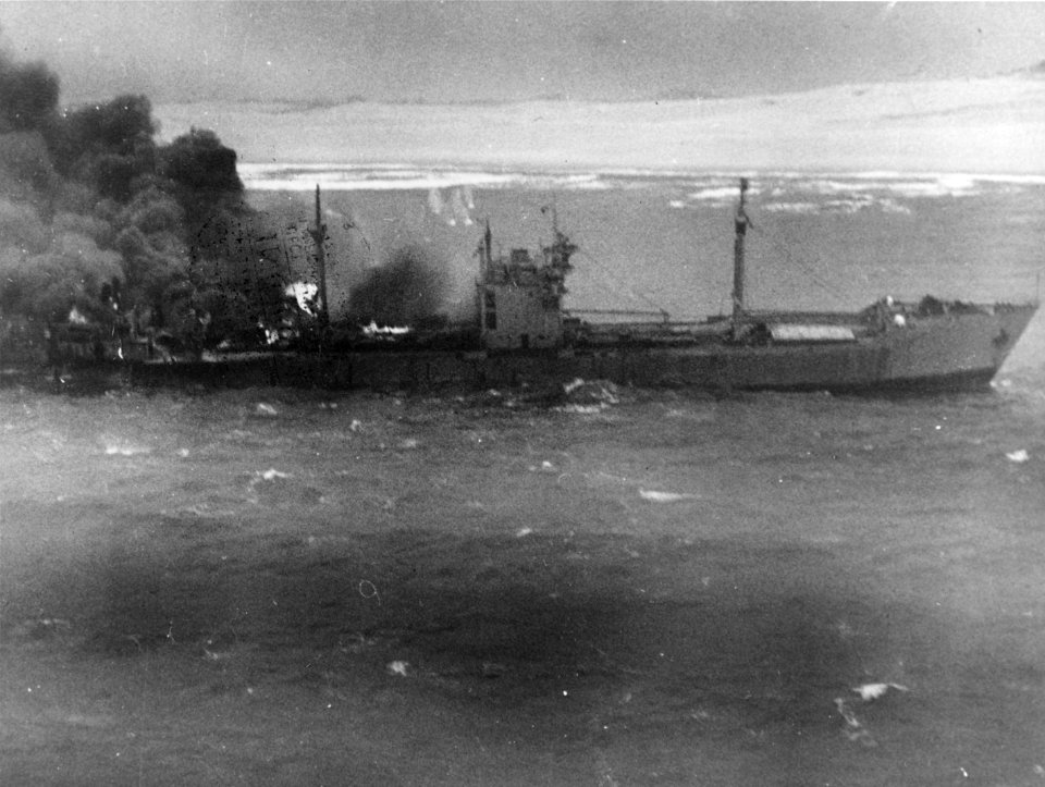Japanese freighter beached an burning on the Indochina coast on 12 January 1945