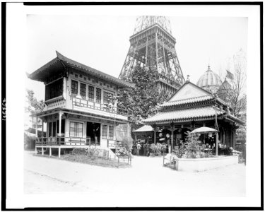 Japanese house, left, and Chinese house, right, in the History of Habitation exhibit, Paris Exposition, 1889 LCCN92520882