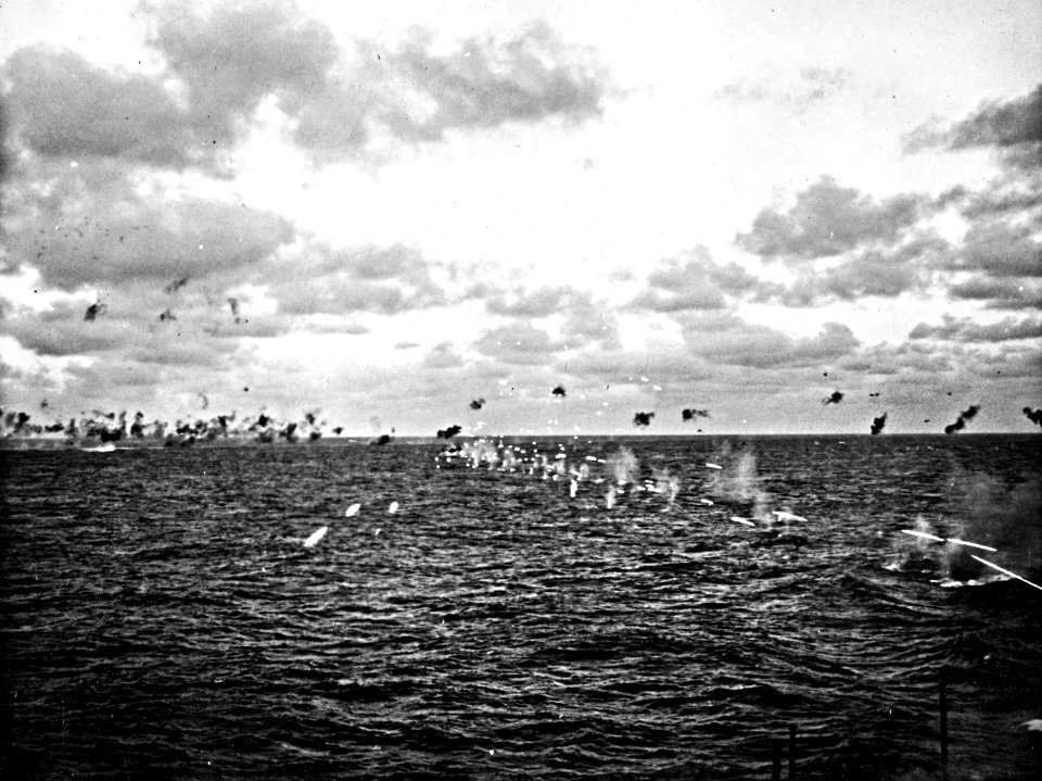 Japanese plane under fire from US Navy ships c1944