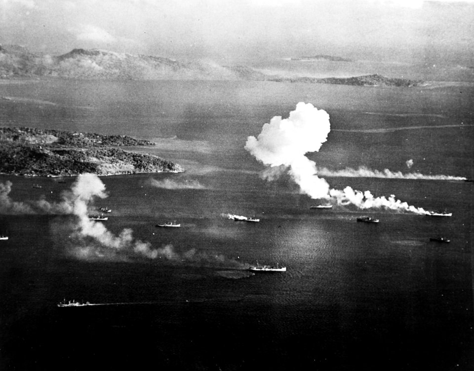 Japanese shipping under attack in Truk Lagoon during Operation Hailstone, 17 February 1944 (80-G-215151)