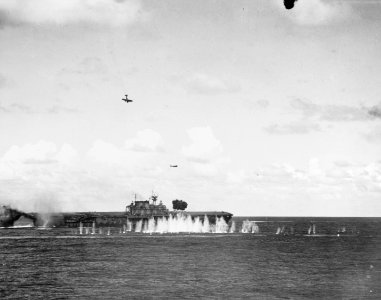 Japanese aircraft attack USS Hornet (CV-8) during the Battle of the Santa Cruz Islands on 26 October 1942 (80-G-33947)