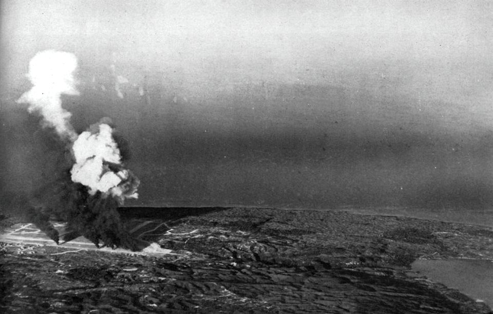 Japanese airfield on Okinawa under attack by U.S. carrier aircraft, in October 1944