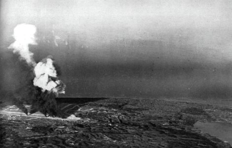 Japanese airfield on Okinawa under attack by U.S. carrier aircraft, in October 1944