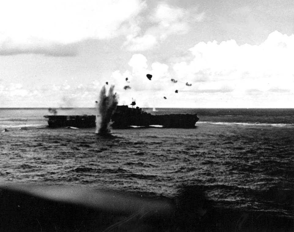 Japanese bomb explodes near USS Enterprise (CV-6) during the Battle of the Santa Cruz Islands on 26 October 1942