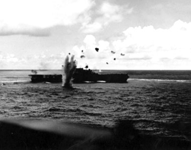 Japanese bomb explodes near USS Enterprise (CV-6) during the Battle of the Santa Cruz Islands on 26 October 1942