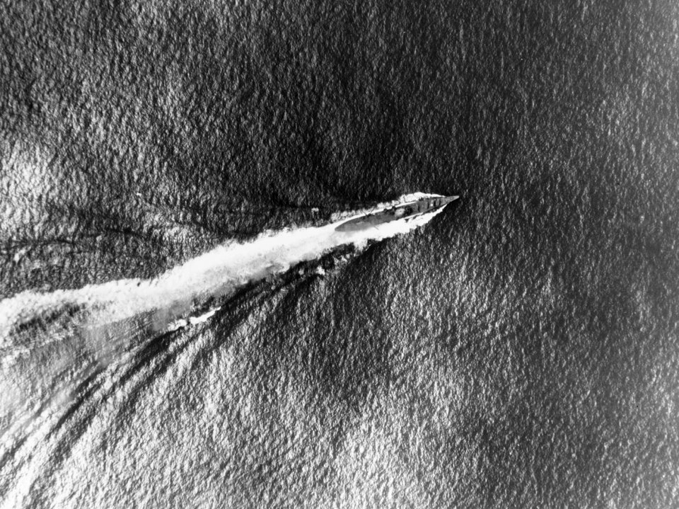 Japanese cruiser Chikuma under air attack during the Battle of the Santa Cruz Islands, 26 October 1942 (80-G-30614)