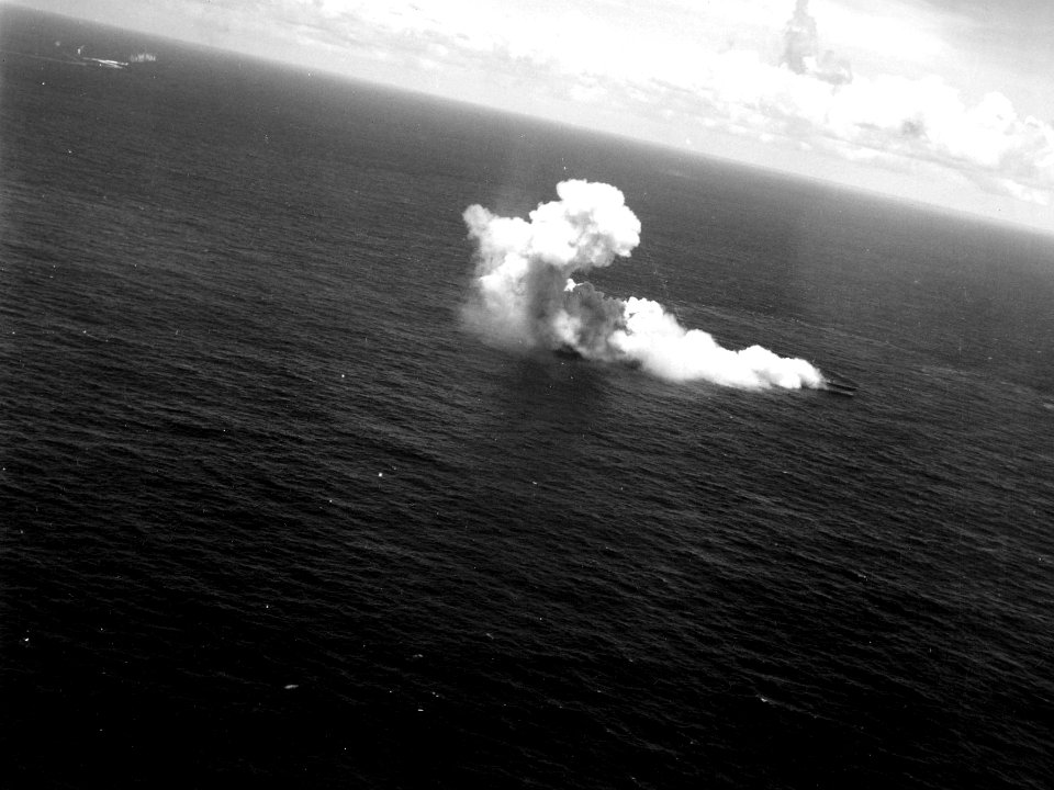 Japanese light cruiser Katori burning off Truk in February 1944