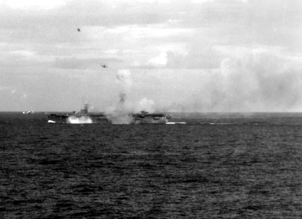 Japanese Mitsubishi A6M kamikaze plane hits USS Suwannee (CVE-27) on 25 October 1944 (NNAM.2000.236.017)