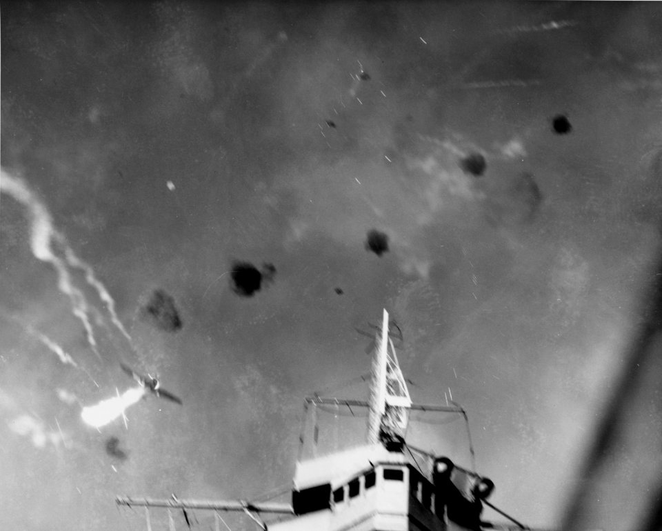 Japanese Aichi D3A dive bomber shot over USS Enterprise (CV-6) on 24 August 1942 (80-G-31349)
