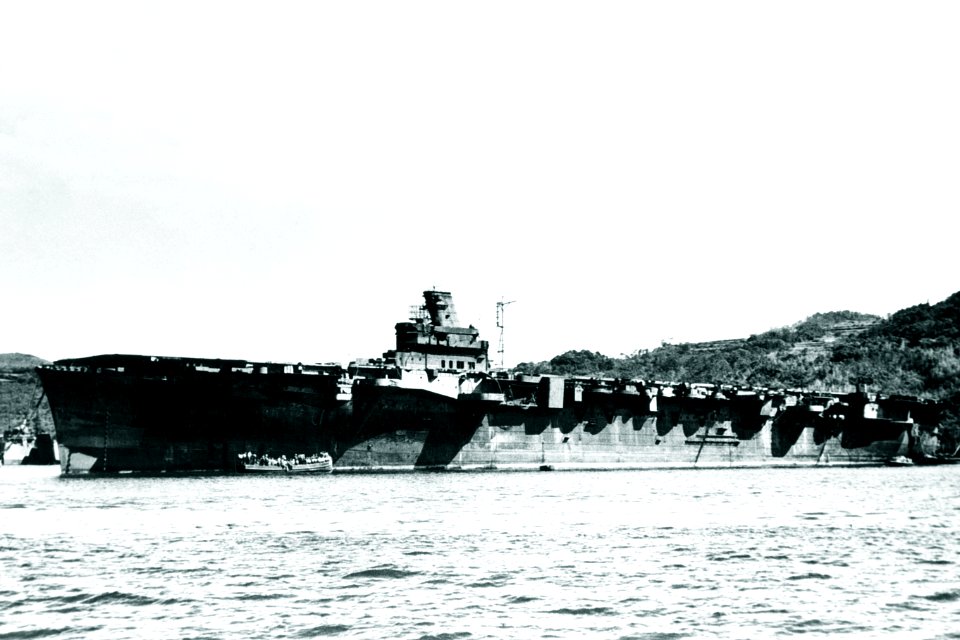 Japanese aircraft carrier Junyō moored at Sasebo, Japan, in 1945 (80-G-701429)