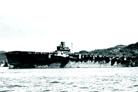 Japanese aircraft carrier Junyō moored at Sasebo, Japan, in 1945 (80-G-701429)