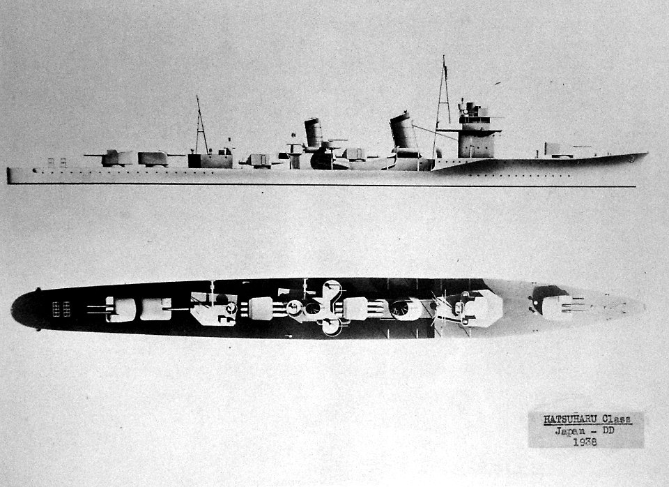 Japanese destroyer Hatsuharu class side and overhead views, 1938 (26973941485)