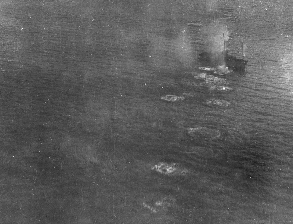 Japanese ship under air attack off Hainan island 1945