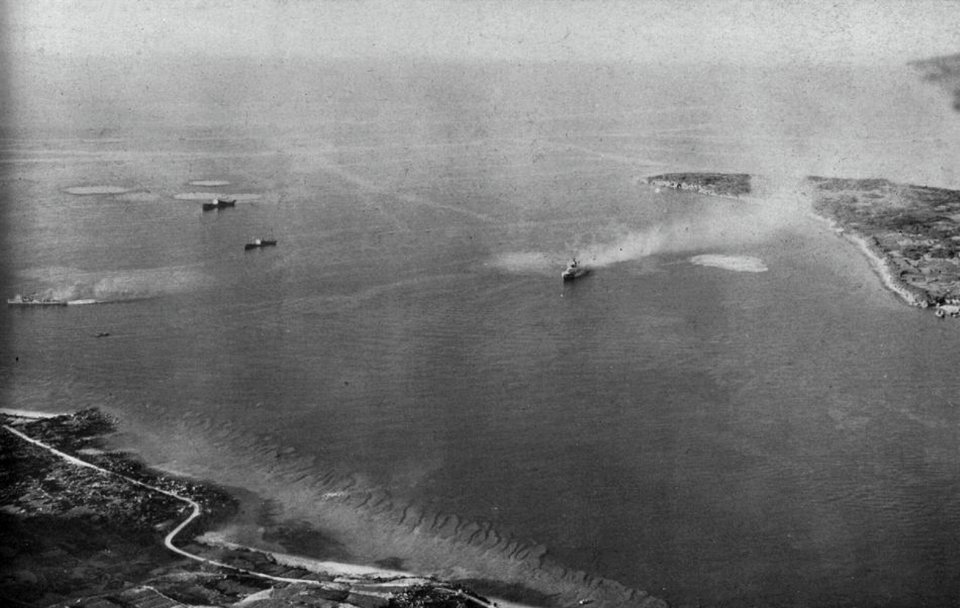 Japanese ships off Okinawa under attack by U.S. carrier aircraft, in October 1944
