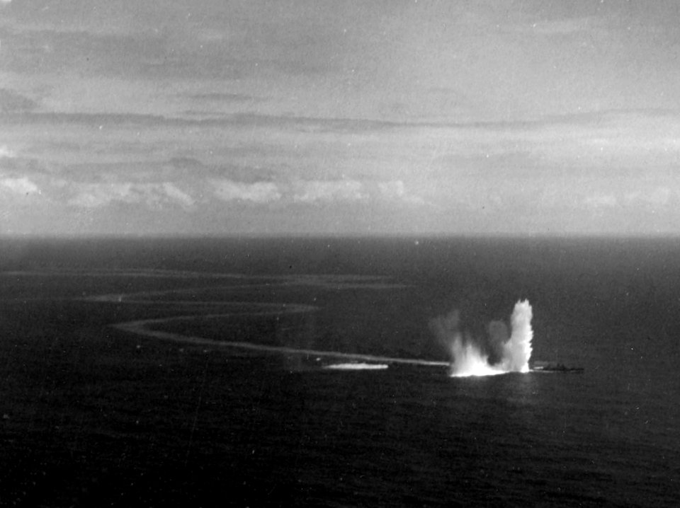 Japanese warship under attack off Truk in February 1944