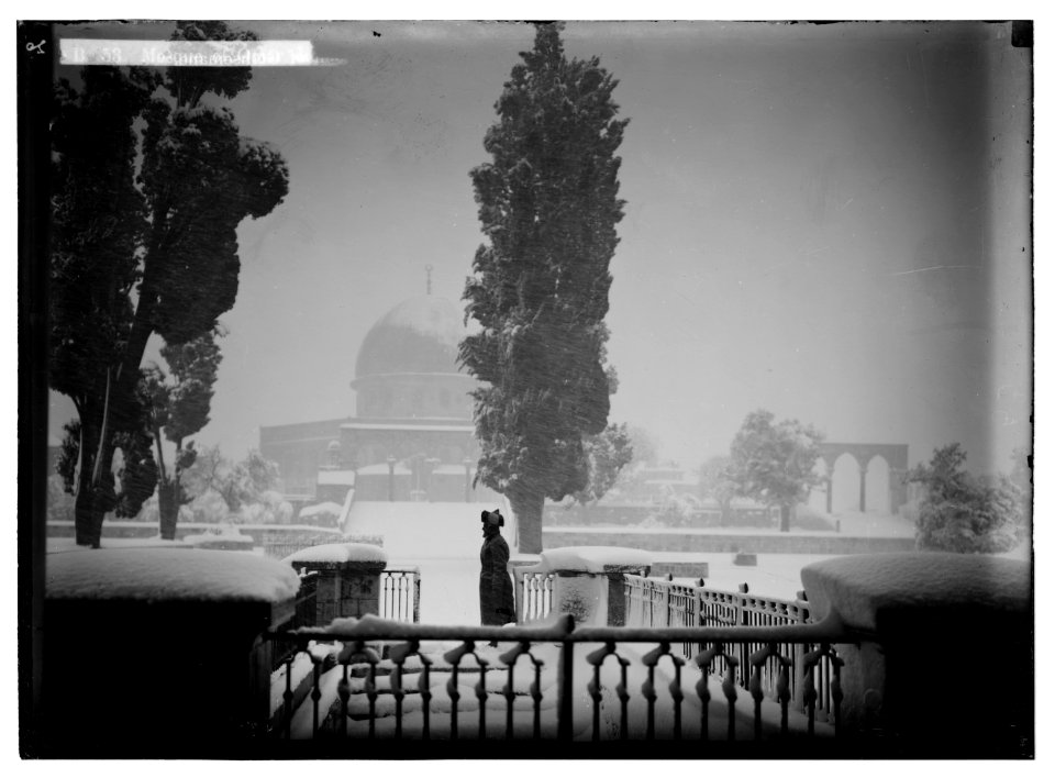 Jerusalem during a snowy winter. Mosque of Omar (i.e., Dome of the Rock) during a blizzard LOC matpc.05470