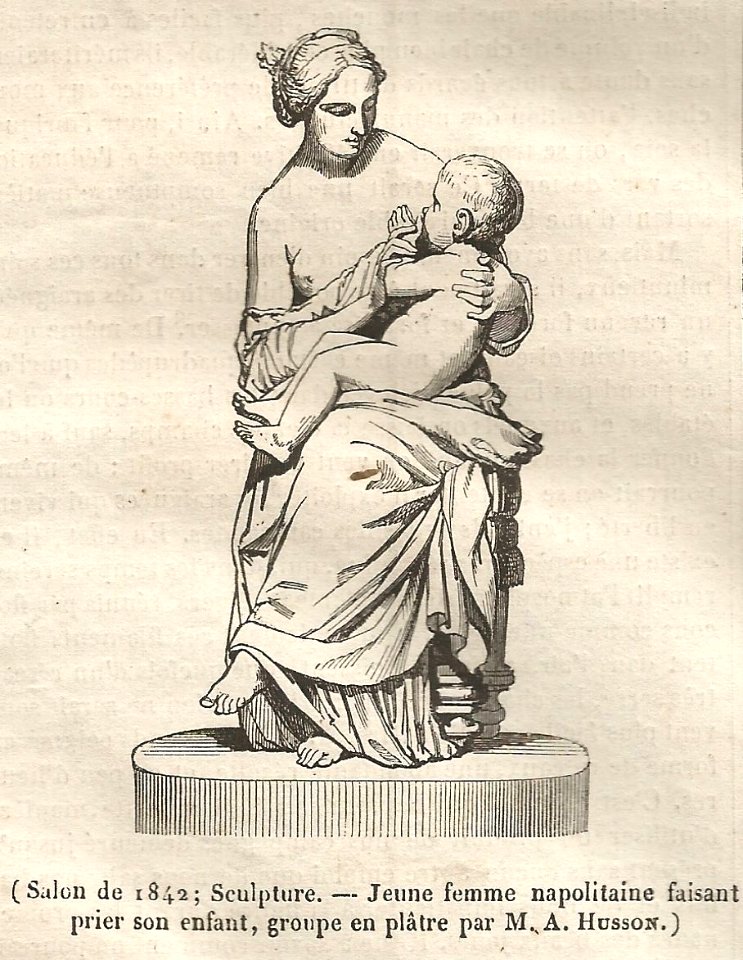 Jeune femme napolitaine faisant prier son enfant, groupe en plâtre par M. A. Husson
