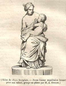 Jeune femme napolitaine faisant prier son enfant, groupe en plâtre par M. A. Husson
