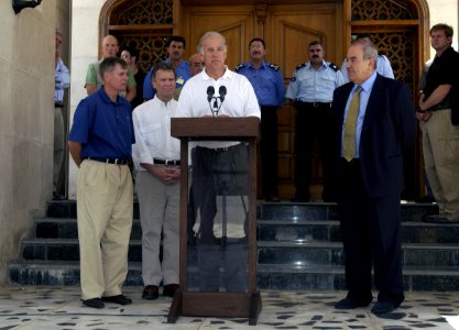 Joe Biden addresses the press after having a brief meeting with Iraq's interim Prime Minister lyad Allawi photo