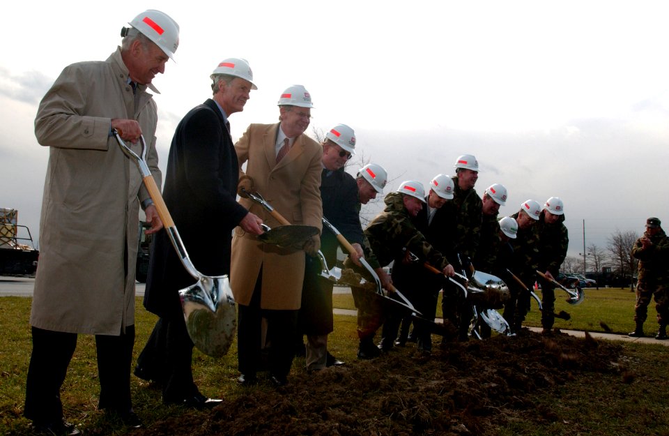 Joe Biden, Thomas Carper, Michael Castle, William Welser III, and other dignitaries join in the ground breaking ceremony of the of the new Super Port at Dover Air Force Base